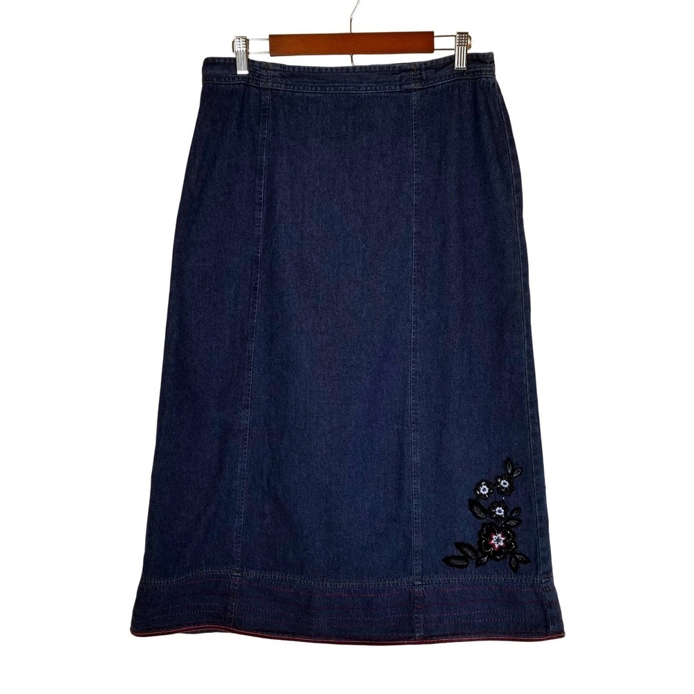 Basic Editions Womens Dark Wash Denim Maxi Skirt Floral Embroidered Size 12‎ VTG